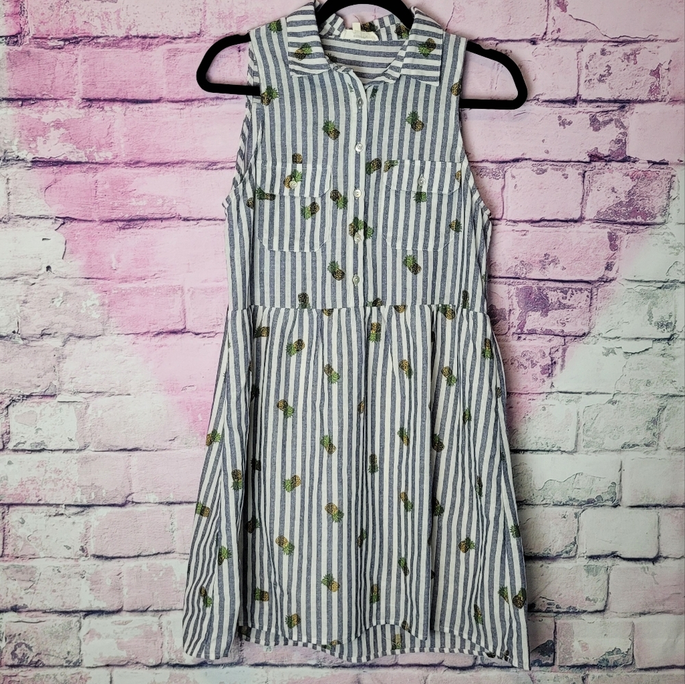 ENTRO NAVY WHITE STRIPED PINEAPPLE PRINTED COTTON SHIRT DRESS S